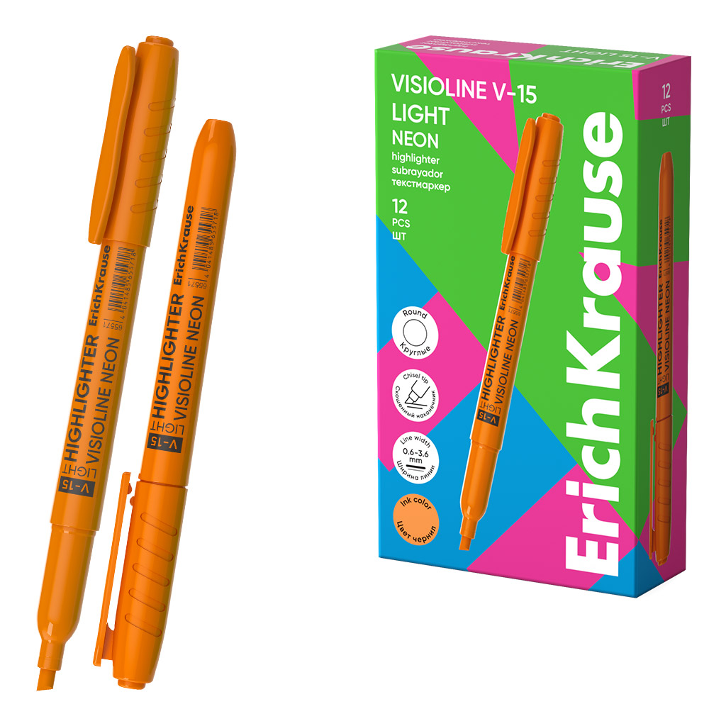 Текстмаркер ErichKrause Visioline V-15 Light Neon, цвет чернил оранжевый (в коробке по 12 шт.)