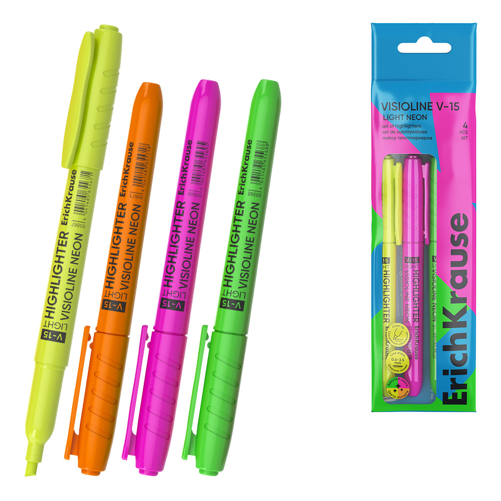Набор из 4 текстмаркерков ErichKrause Visioline V-15 Light Neon, цвет чернил ассорти (в пакете)