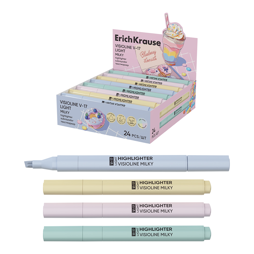 Текстмаркер ErichKrause Visioline V-17 Light Milky, цвет чернил ассорти (в коробке-дисплее по 24 шт.)