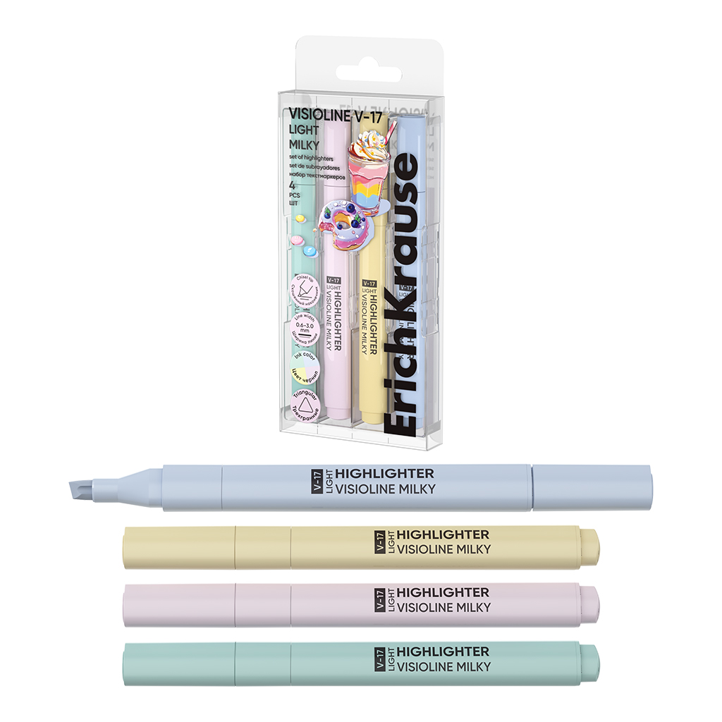 Набор из 4 текстмаркеров ErichKrause Visioline V-17 Light Milky, цвет чернил ассорти (в пэт-боксе)