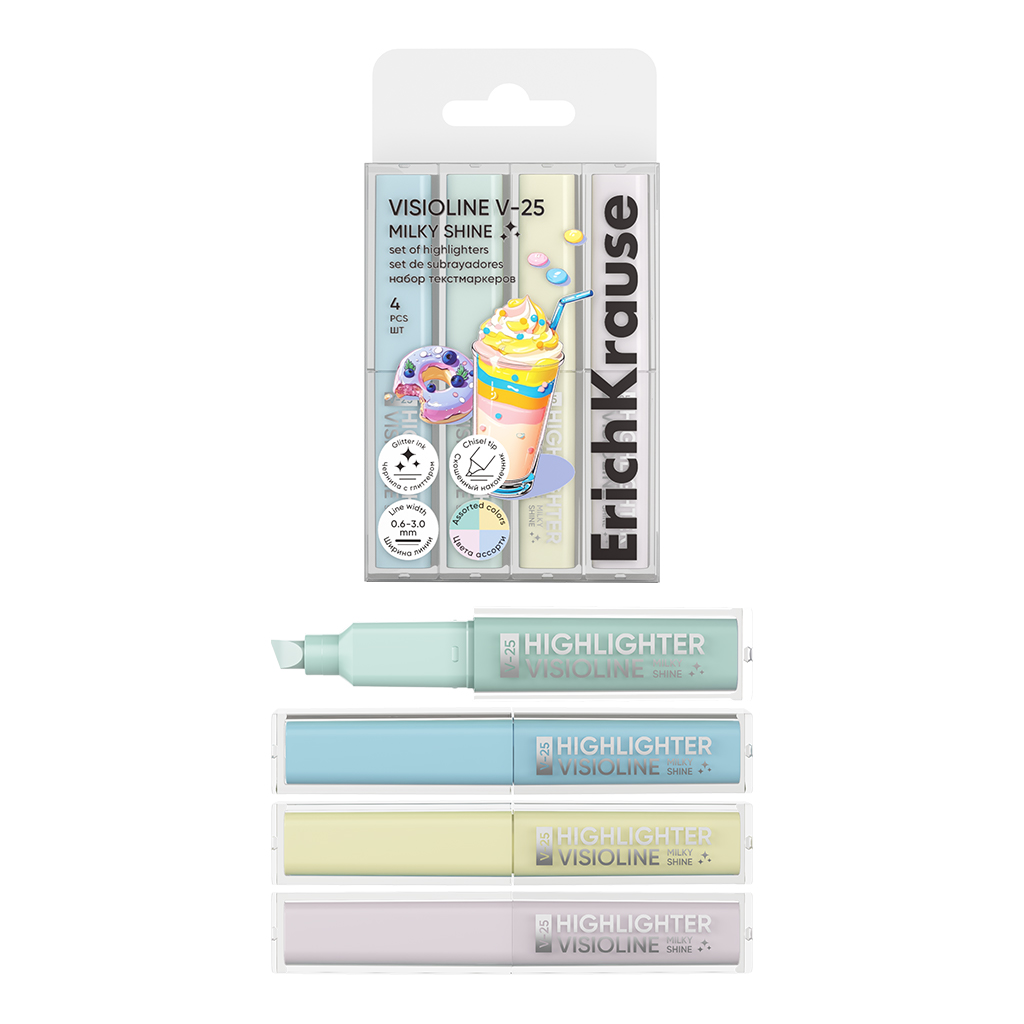 Набор из 4 текстмаркеров ErichKrause Visioline V-25 Milky Shine, цвет чернил ассорти (в пэт-боксе)