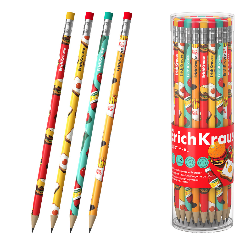 Чернографитный карандаш пластиковый ErichKrause Cheat Meal, круглый, с ластиком, НВ (в тубусе по 42 шт.)