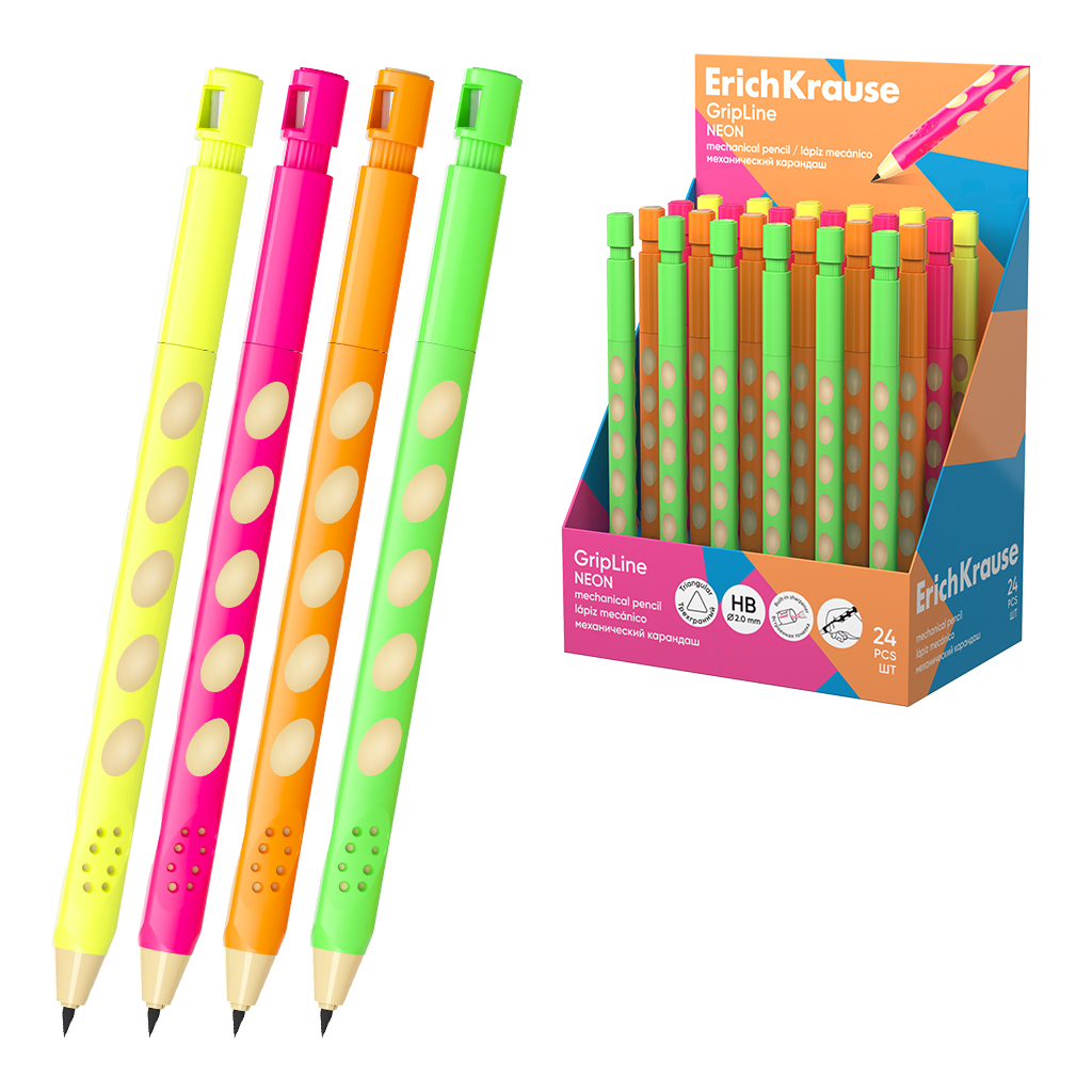 Карандаш механический ErichKrause GripLine Neon 2.0 мм, с точилкой, HB (в вертикальном дисплее по 24 шт.)