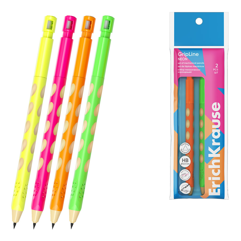 Набор из 2 механических карандашей ErichKrause GripLine Neon 2.0 мм, с точилкой, HB (в пакете)