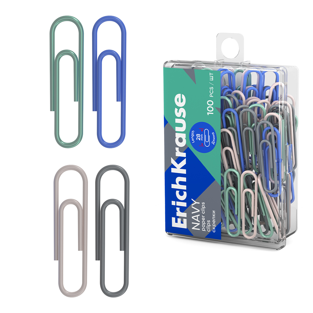 Скрепки металлические с виниловым покрытием ErichKrause Navy, 28мм, ассорти  (в пластиковой коробке по 100 шт.)