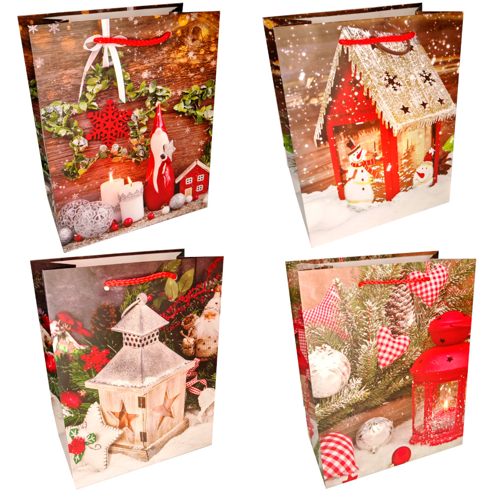 Пакет подар. бум. новогодн. 26*32*12 см 210 гр/м2 "Фонарики" микс дизайнов