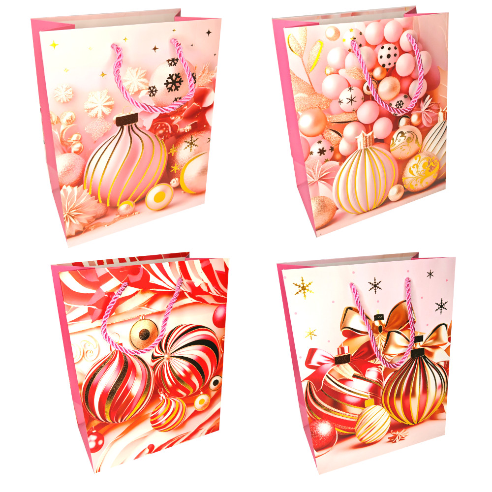 Пакет подар. бум. новогодн. 18*23*10 см 210 гр/м2 "Розовая тема" микс дизайнов