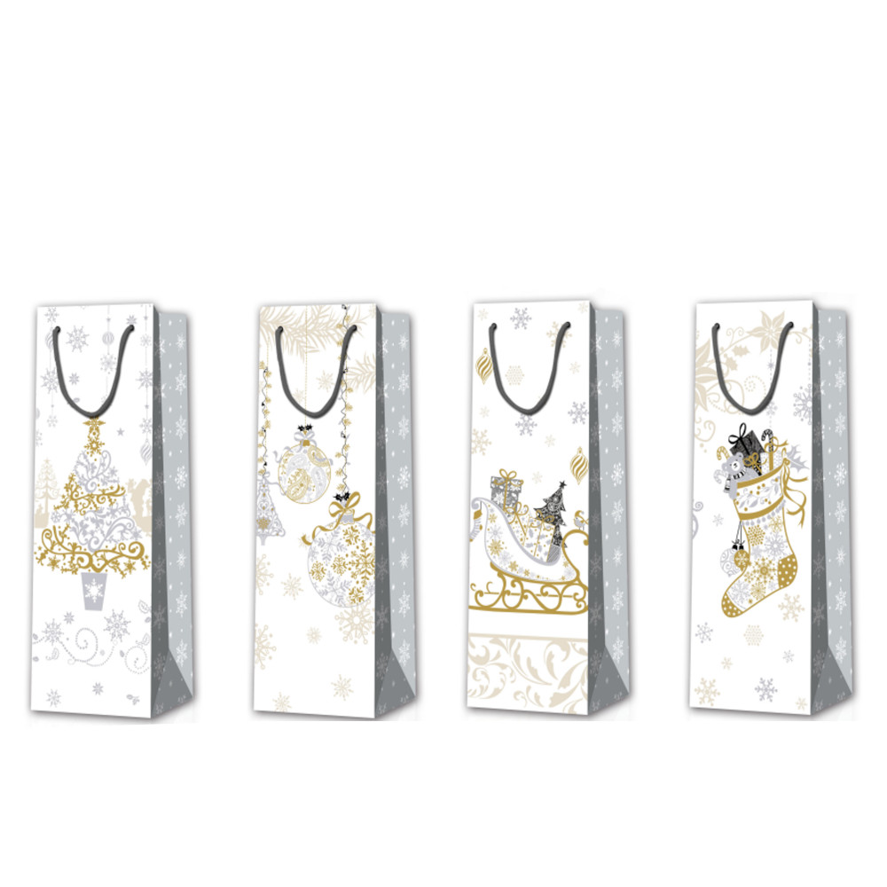 Пакет подар. бум. новогодн. (под бутылку) 36*12*9 см 210 гр/м2 "Золото праздника" микс дизайнов