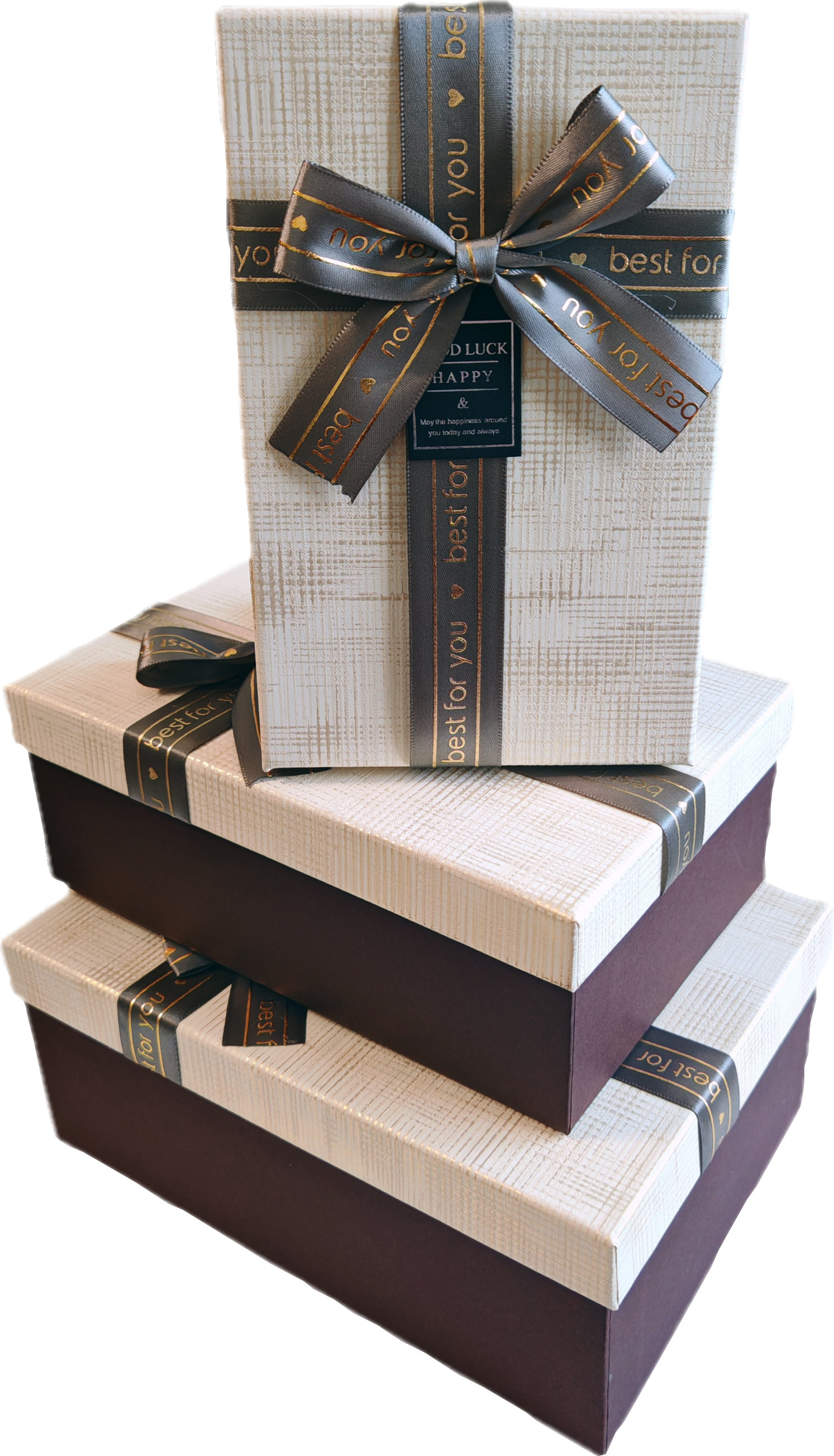 Набор подарочных коробок  3в1 с бантом, бежевый /коричневый 19*12*6.5, 21*14*8, 23*16*9.8см