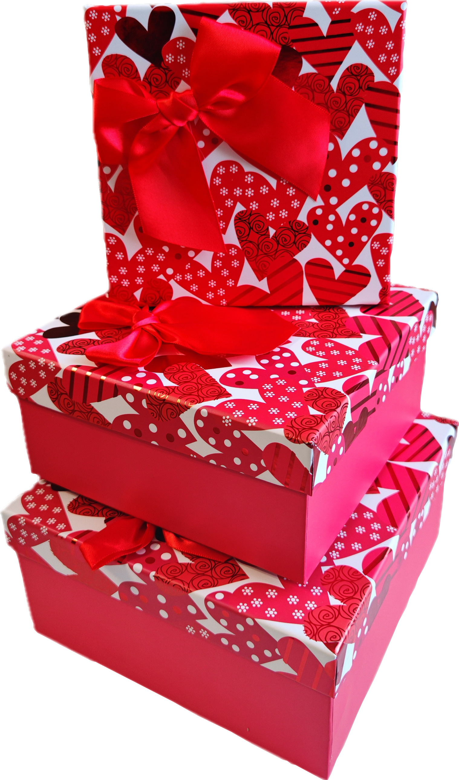 Набор подарочных коробок  3в1 с бантом "Сердечки" 15*15*6.5, 17*17*8, 19*19*9.5см