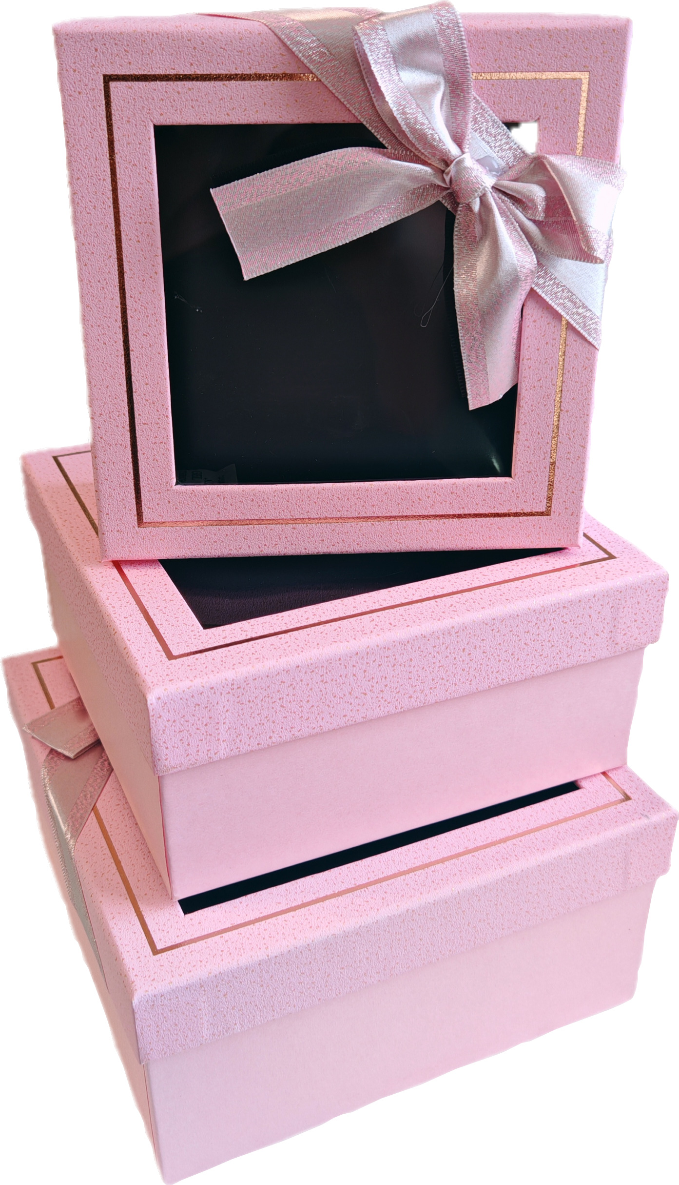 Набор подарочных коробок  3в1 с окошком и бантом,  розовый/красный 15*15*6.5, 17*17*8, 19*19*9.5см