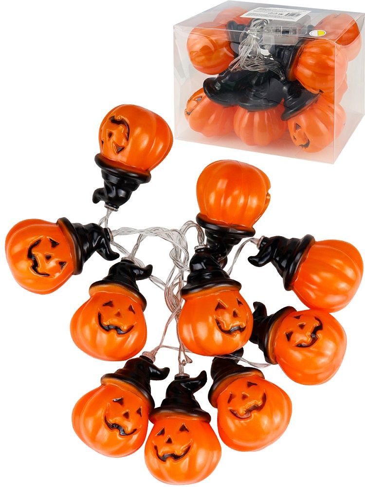 Гирлянда на батарейках с насадками  1,65м 10LED "Тыковки в шляпах"  работает от 2AA