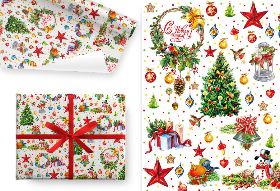 Бумага упаковочная 70*100см "Новогодний венок"