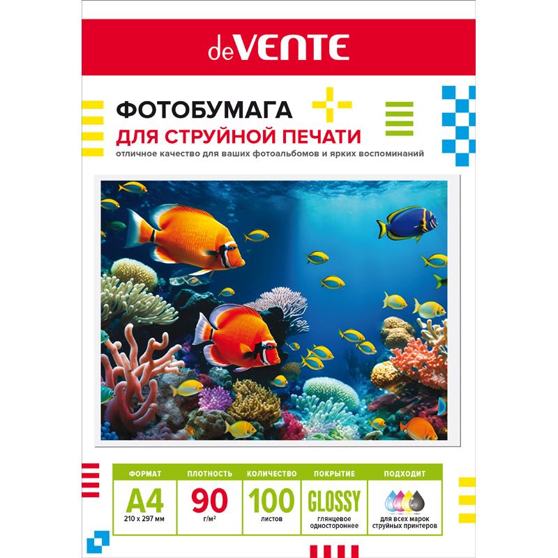 Фотобумага INK JET deVENTE A4 90г, 100л, глянцевая, односторонняя