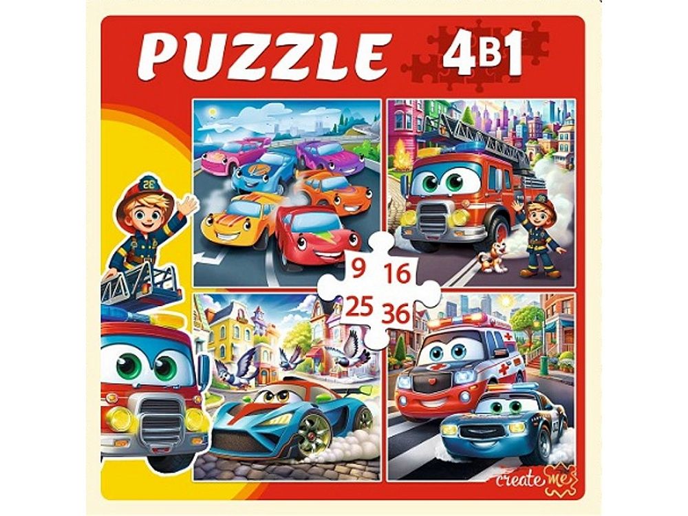 Пазлы    4в1 "Машинки в городе" 9+16+25+36 элементов