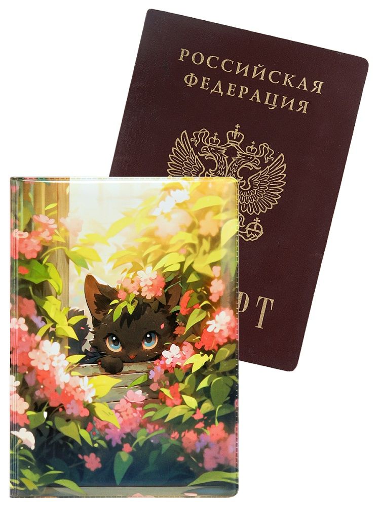 Обложка для паспорта ПВХ "Котик в цветах"