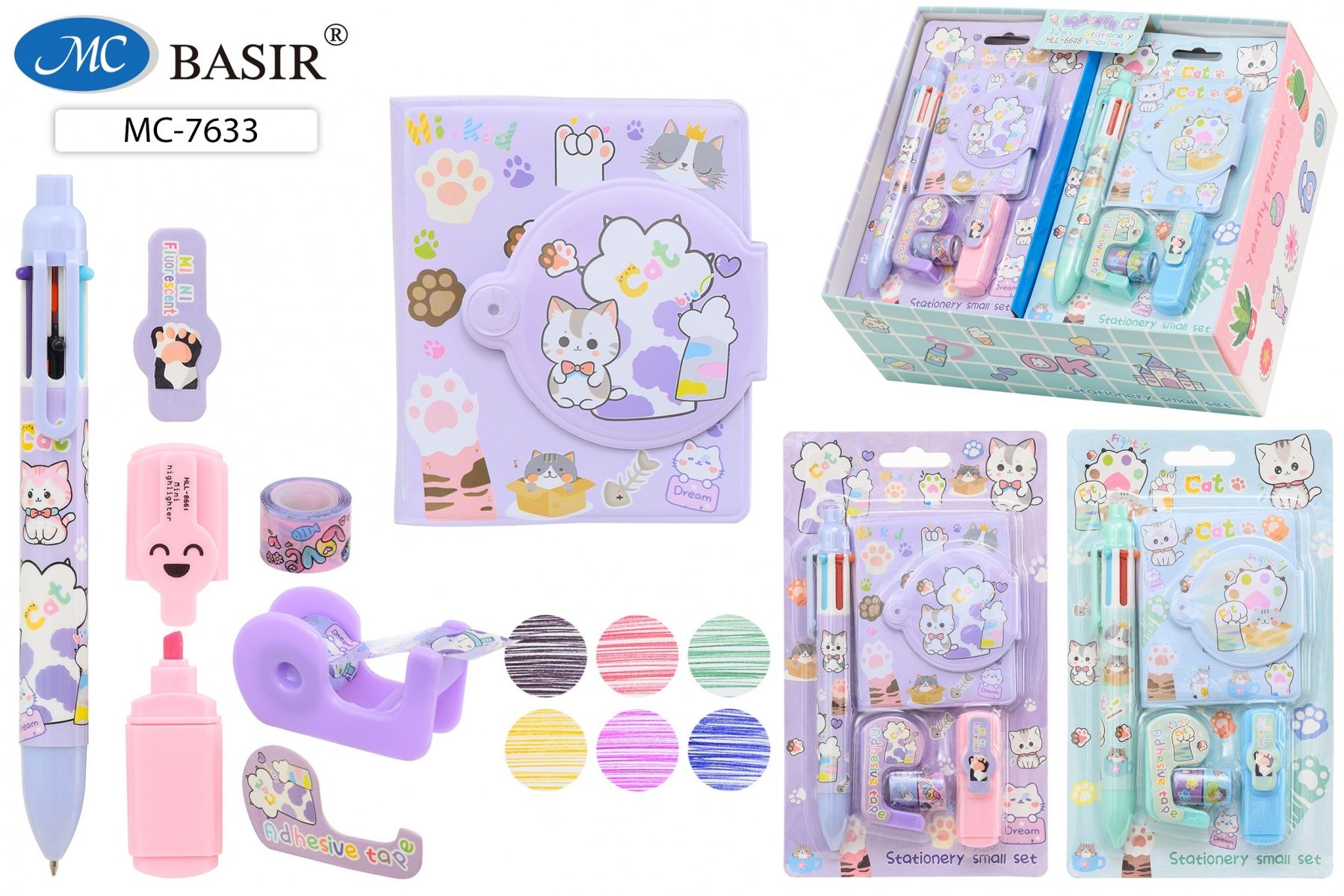 Блокнот  83*70мм клеевой кор. "Лапки" лин, на кнопке + ручка+текстмаркер+2скотча