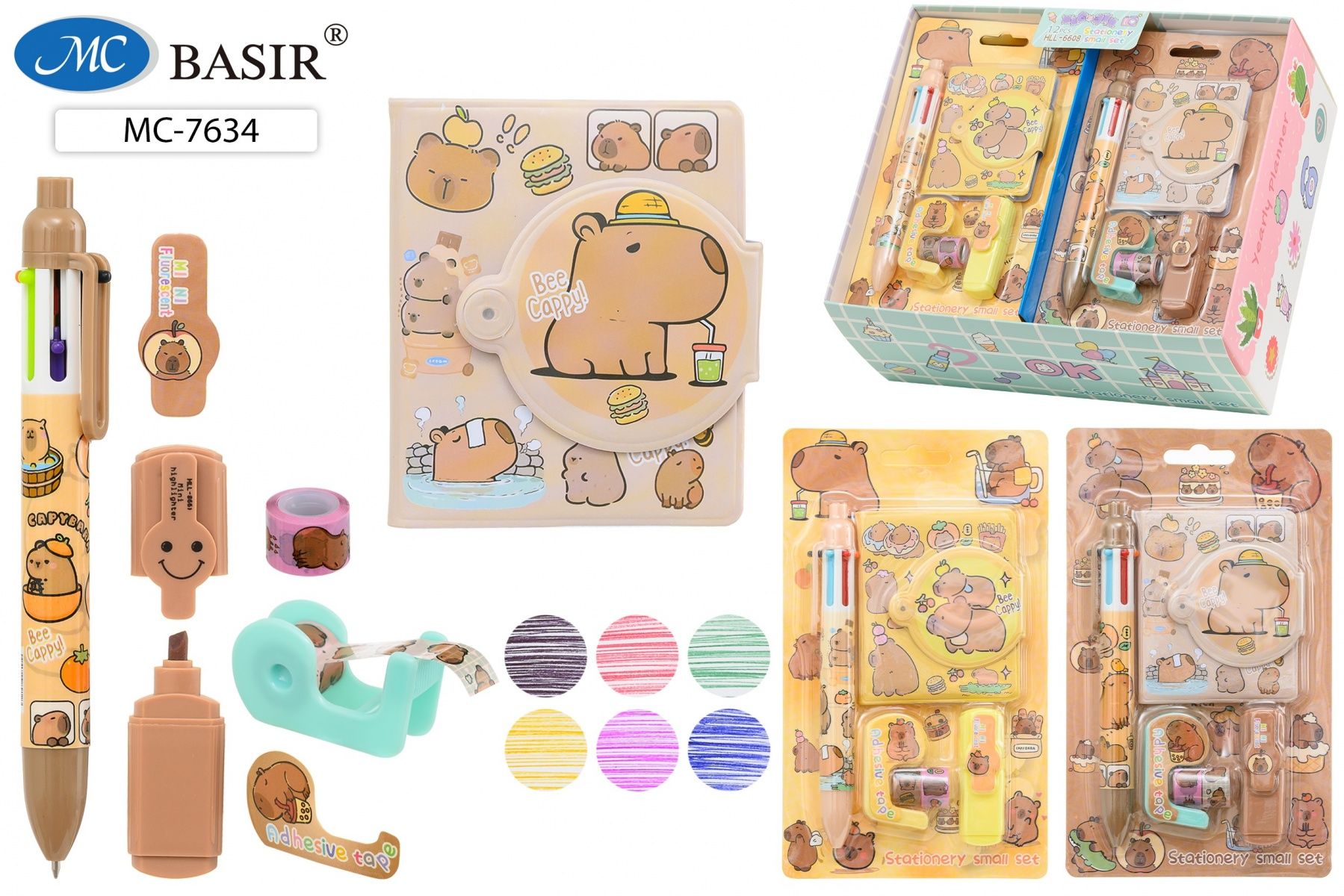 Блокнот  83*70мм клеевой кор. "Капибара" лин, на кнопке + ручка+текстмаркер+2скотча