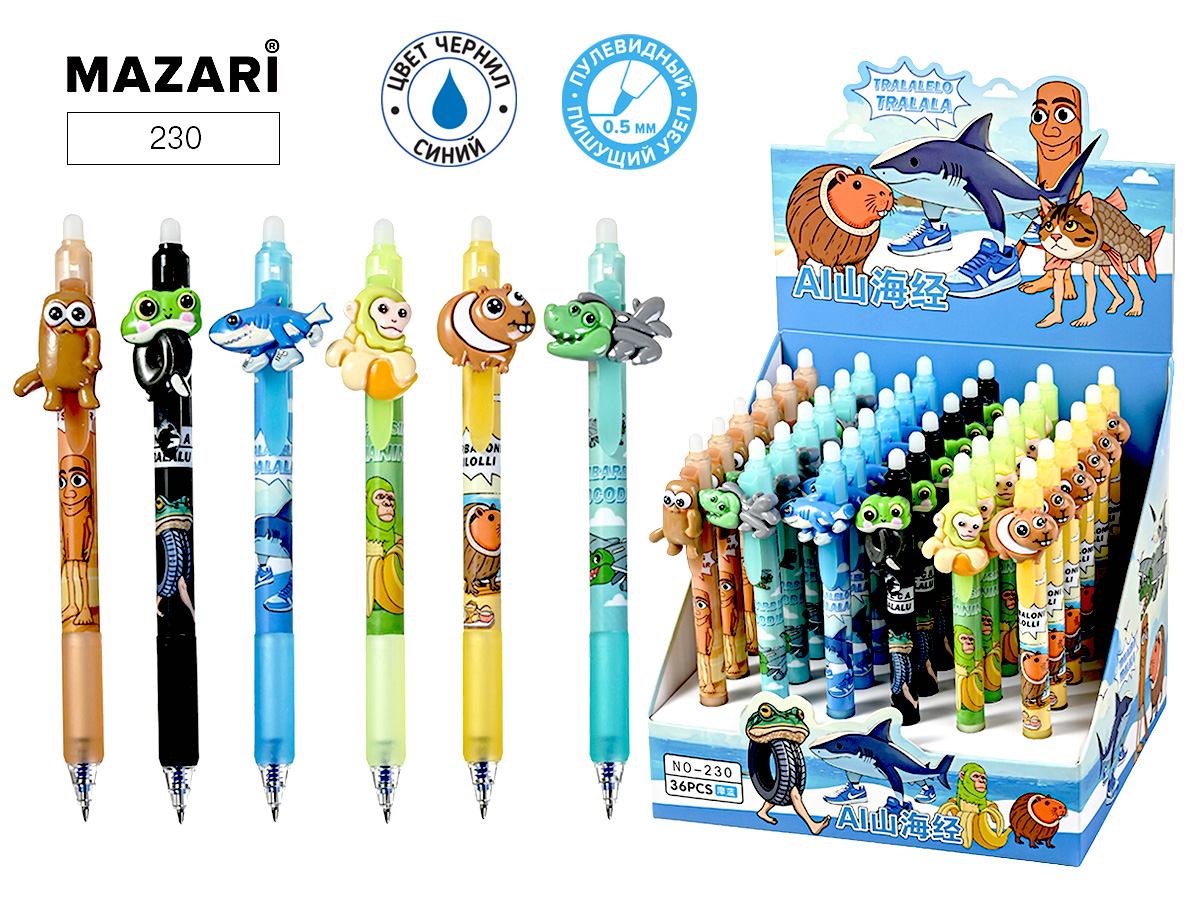 Ручка гелевая стираемая автомат. MAZARI "Итал. мем" синяя, 0,5мм