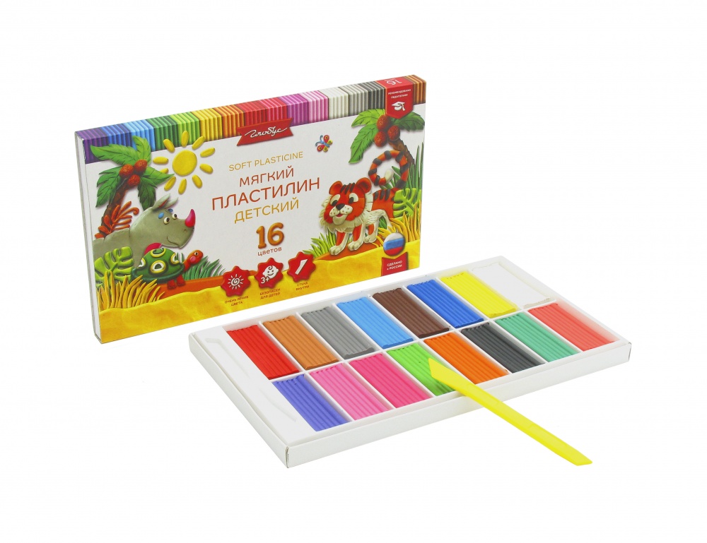 Пластилин 16цв 240гр. Детский мягкий к/к, стек