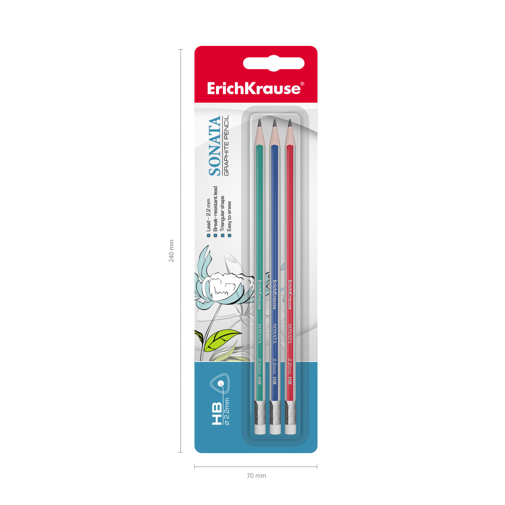 Чернографитный трехгранный карандаш с ластиком ErichKrause® Sonata HB (в блистере по 3 шт.)