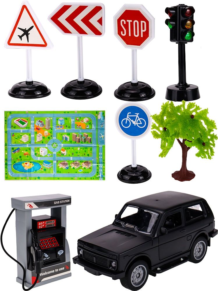Машинка инерционная 13 см светофор,дор. знаки,заправка,карта,черный