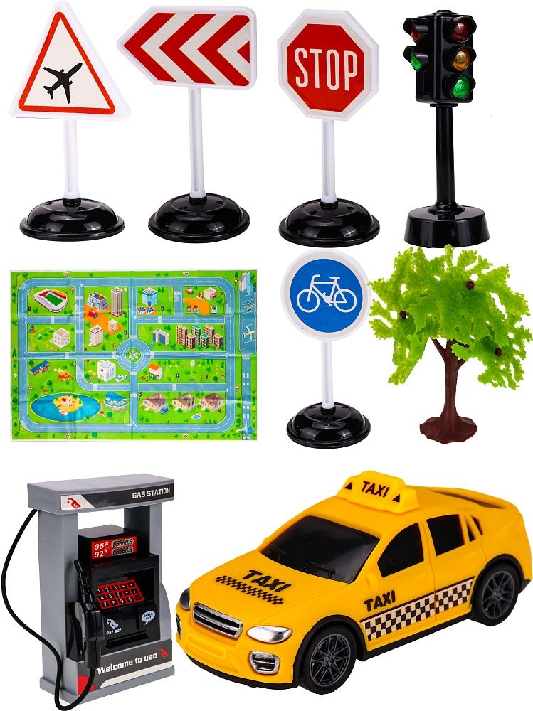 Машинка инерционная 10 см светофор,дор. знаки,заправка,карта,желтый