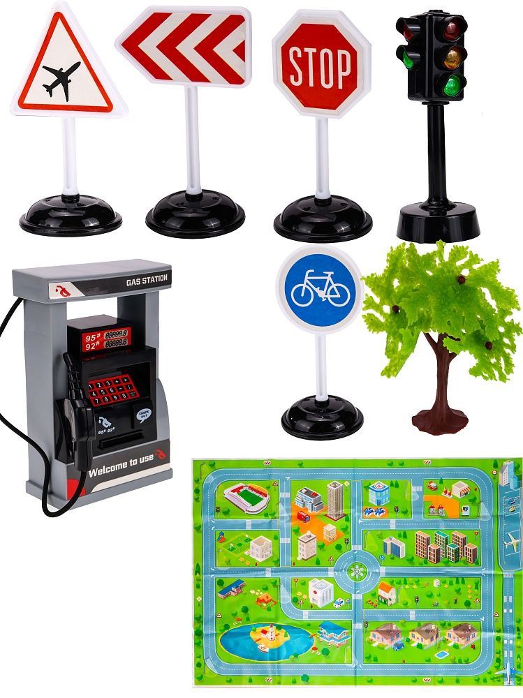 Игровой набор 8 предметов "Заправка" свет,звук, игр. поле,1 дерево,6*AG3