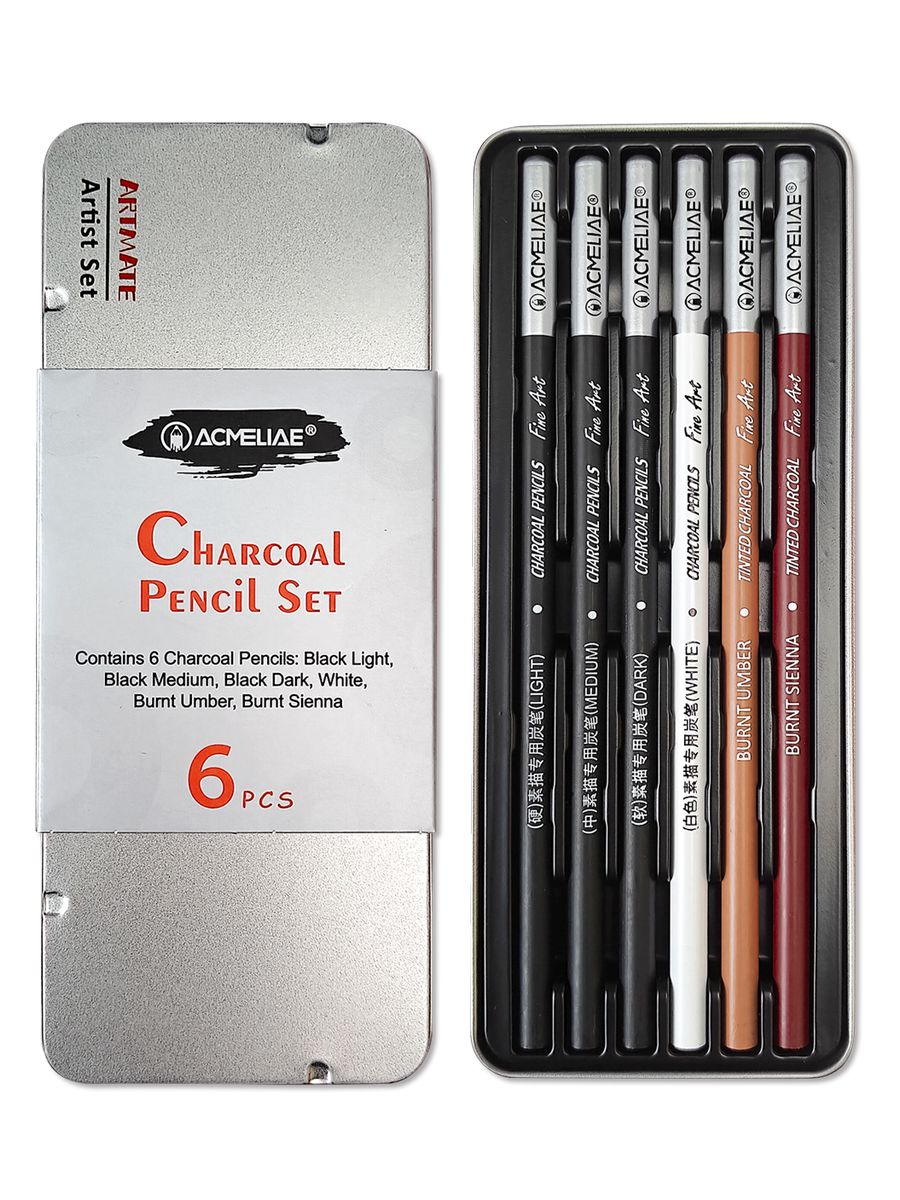 Набор карандашей угольных 6шт ACMELIAE, метал.футляр