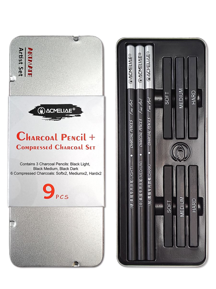 Набор карандашей угольных 3шт и углей прессованных 6шт ACMELIAE, метал.футляр