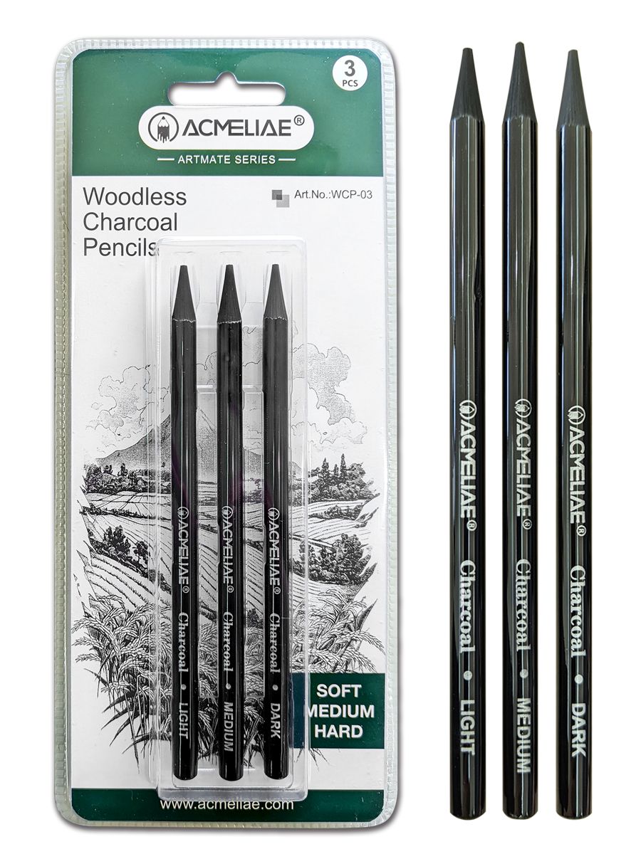 Набор угольных бездревесных карандашей 3шт ACMELIAE, Light, Medium, Dark