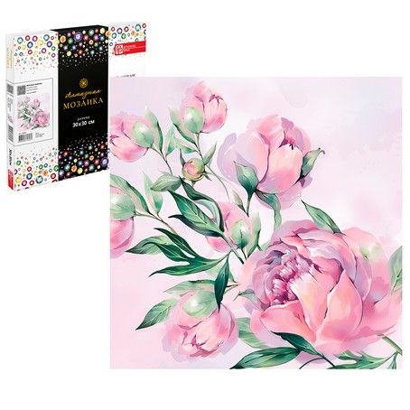 Мозаика алмазная по номерам на холсте 30*30см "Нежные пионы" с подрамником