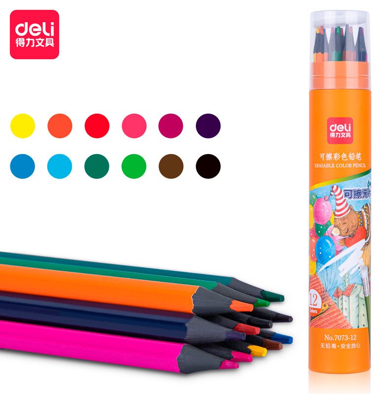 Карандаши цвет. 12цв Deli стираемые, ластик, в пласт.тубе