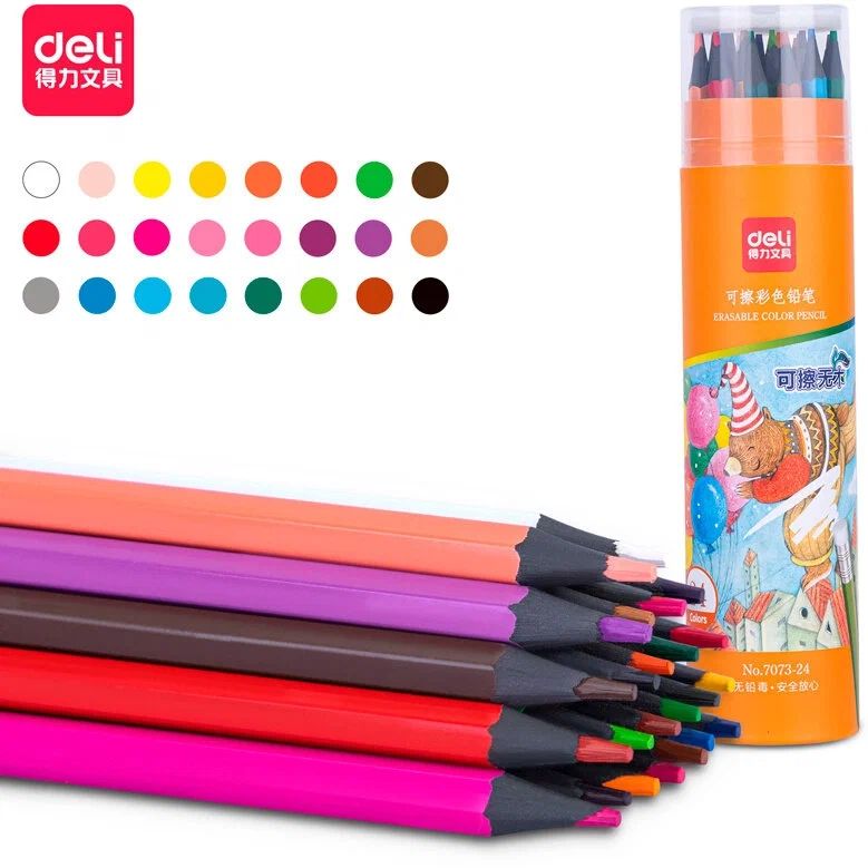 Карандаши цвет. 24цв Deli стираемые, ластик, в пласт.тубе