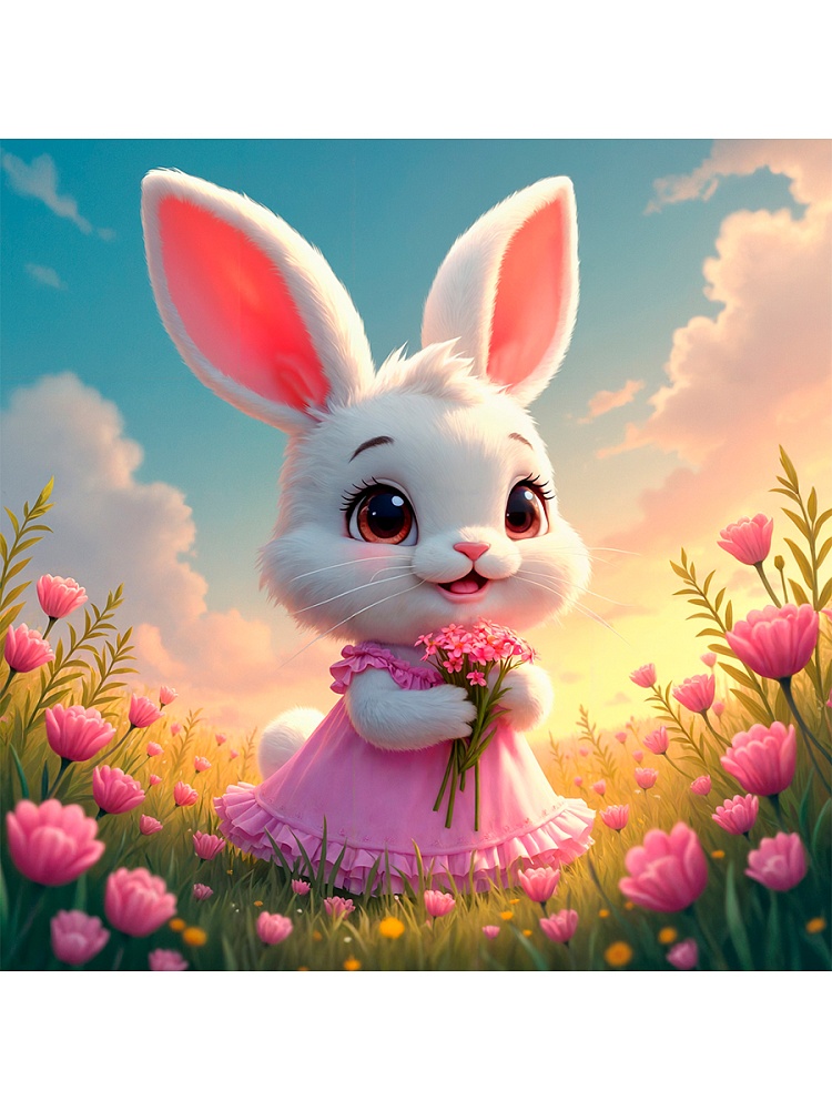 Картина по номерам на холсте 20*20см "Зайка в поле с цветами"