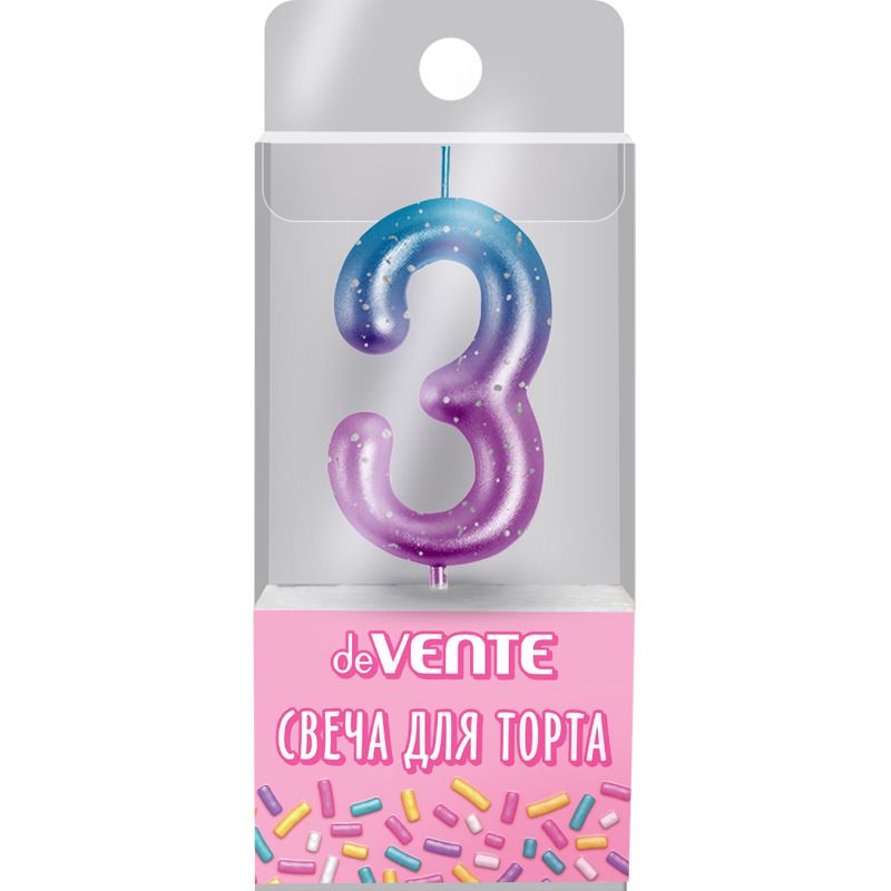 Свеча-цифра "3" Degrade  6 см, метал.цвет+напыление серебрян.точками
