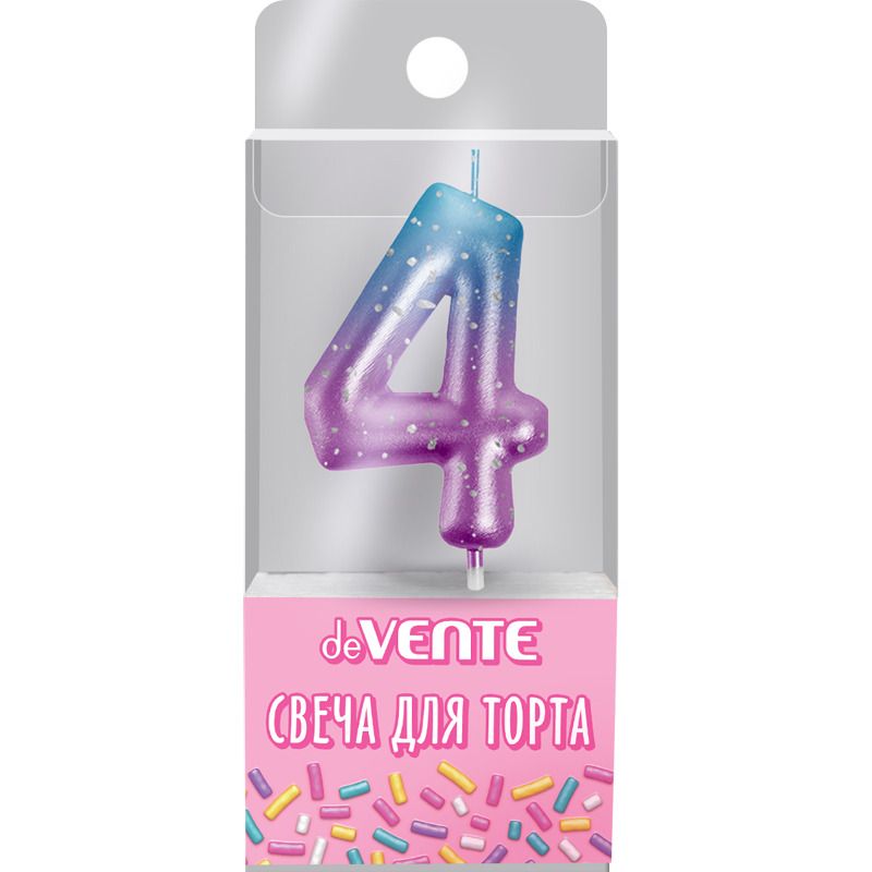 Свеча-цифра "4" Degrade  6 см, метал.цвет+напыление серебрян.точками