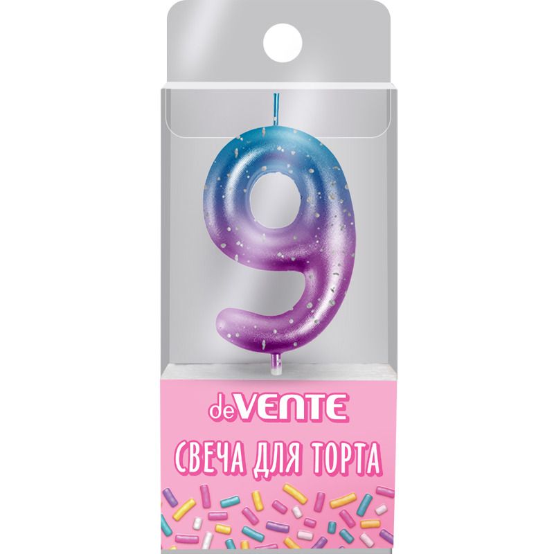Свеча-цифра "9" Degrade  6 см, метал.цвет+напыление серебрян.точками
