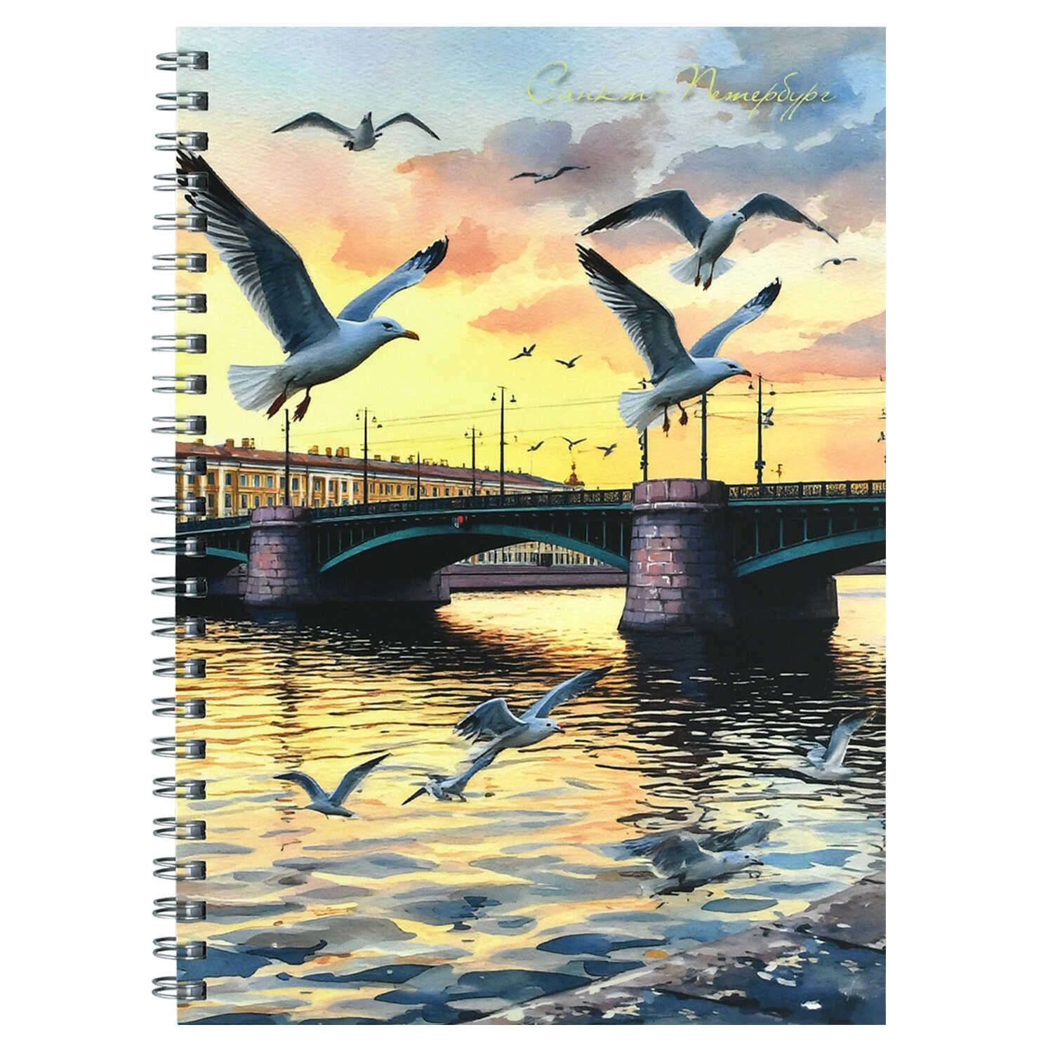 Блокнот А5  48л гребень "Чайки у моста" кл., мат.лам.