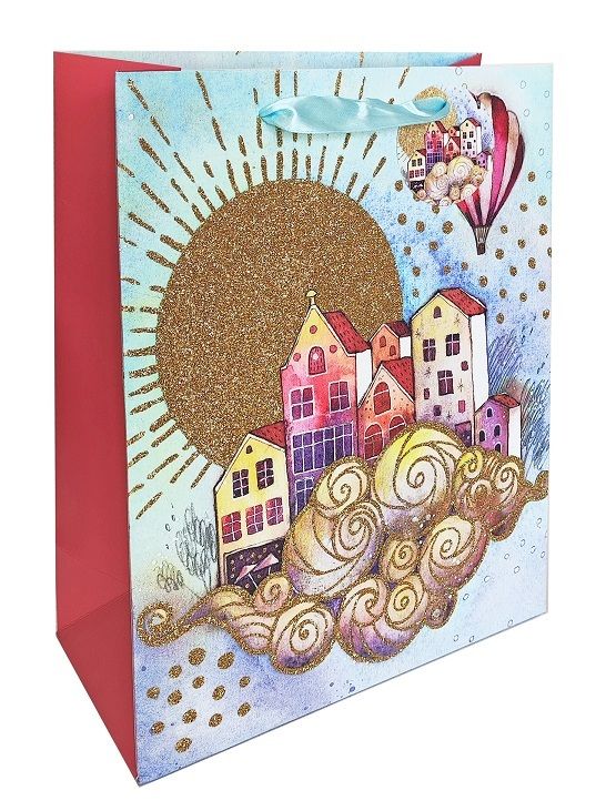 Пакет подар. бумажн. 18*23*10 см 210 гр/м2  Акварельные сюжеты. Замок, мат.лам., блестки