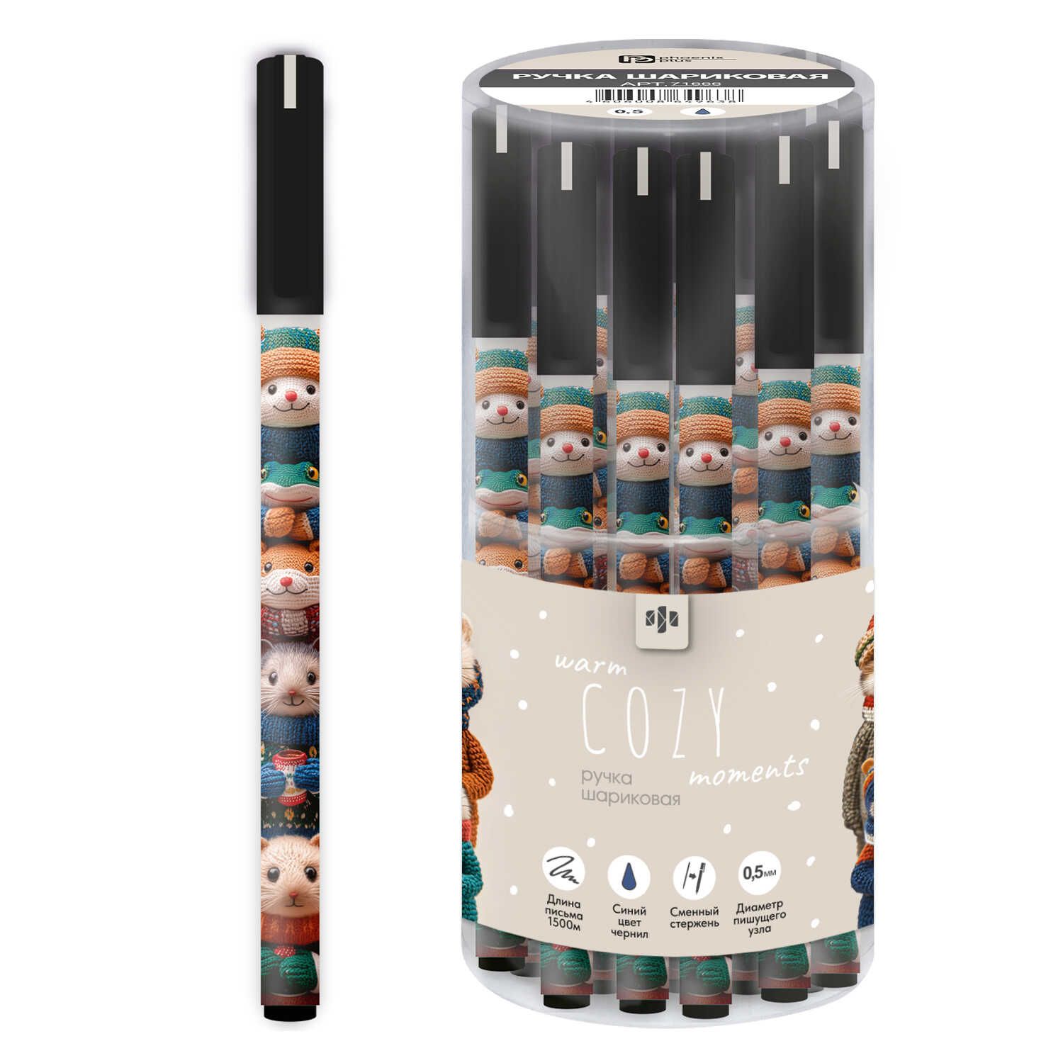 Ручка шар. Феникс+ "Вязаные звери" синяя, 0,5мм, софт-тач