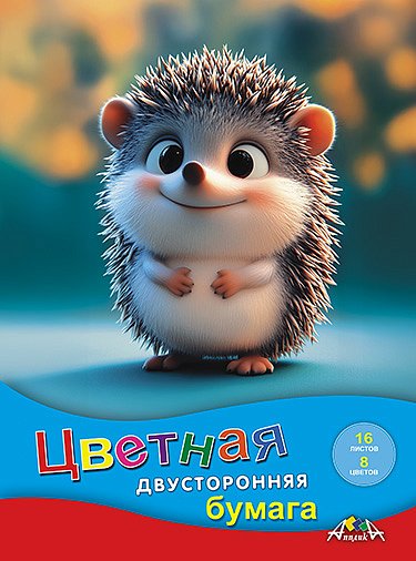 Бумага цв. А4  8цв. 16л. немелов., офсет., двустор., пл. 50 г/м2 "Милый ежик", на скобе