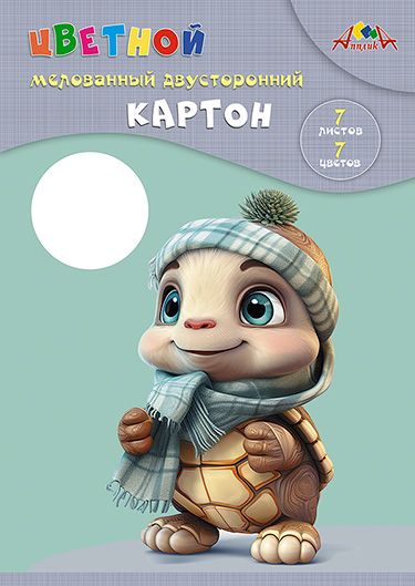Картон цв. А4  7цв. 7л. мелов., двустор., пл. 200 гр/м2 "Малыш-черепашонок", в папке