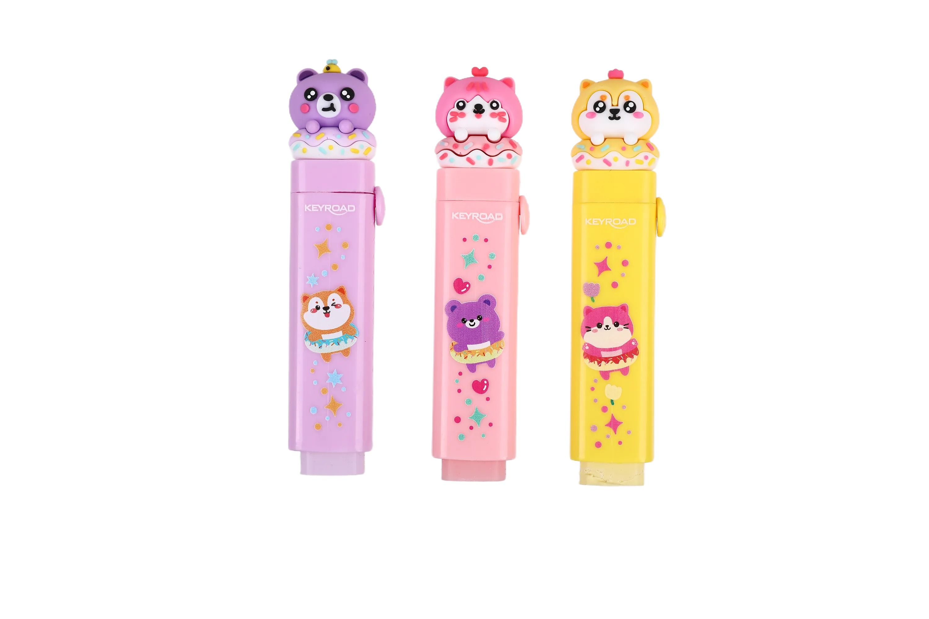 Ластик KEYROAD "Сute cartoon" выдвижной, в комплекте с 1 запасным ластиком, блистер, ассорти