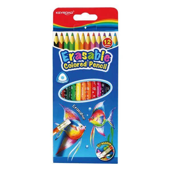 Карандаши цвет. 12цв  KEYROAD, трехгранные, с ластиком, стираемые