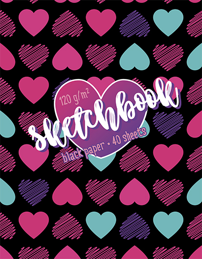Скетчбук А6  40л., гребень, 120гр/м2 "Сердечки" черная бумага