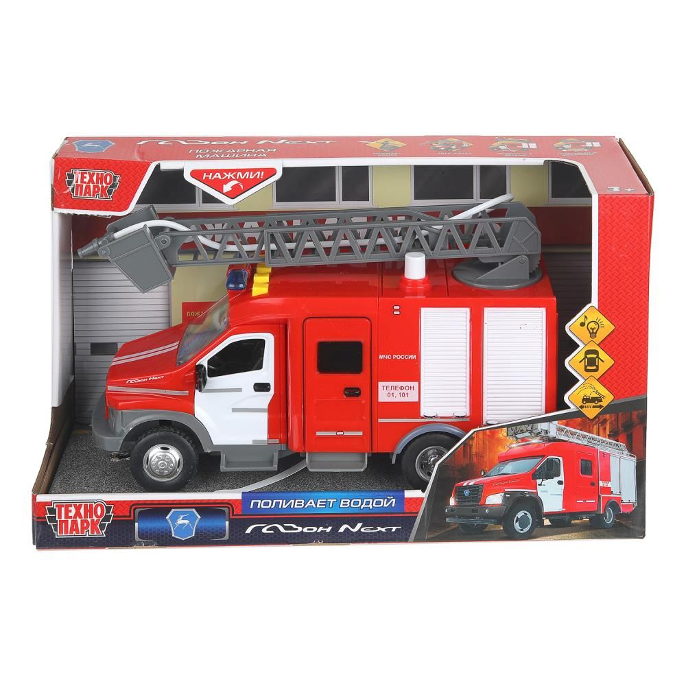 Машинка пластик. 22 см "ГАЗОН NEXT ПОЖАРНАЯ" свет-звук, двери, брызгает