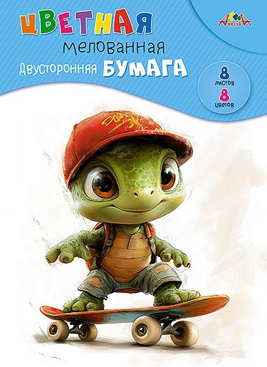 Бумага цв. А4  8цв.  8л. мелов., офсет, двустор., пл. 60 гр/м2 "Черепашонок скейтбордист", на скобе