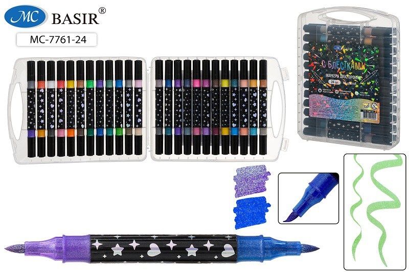 Набор маркеров двусторон.с блестками  48цв. кистевидн. "Basir" 1-4мм