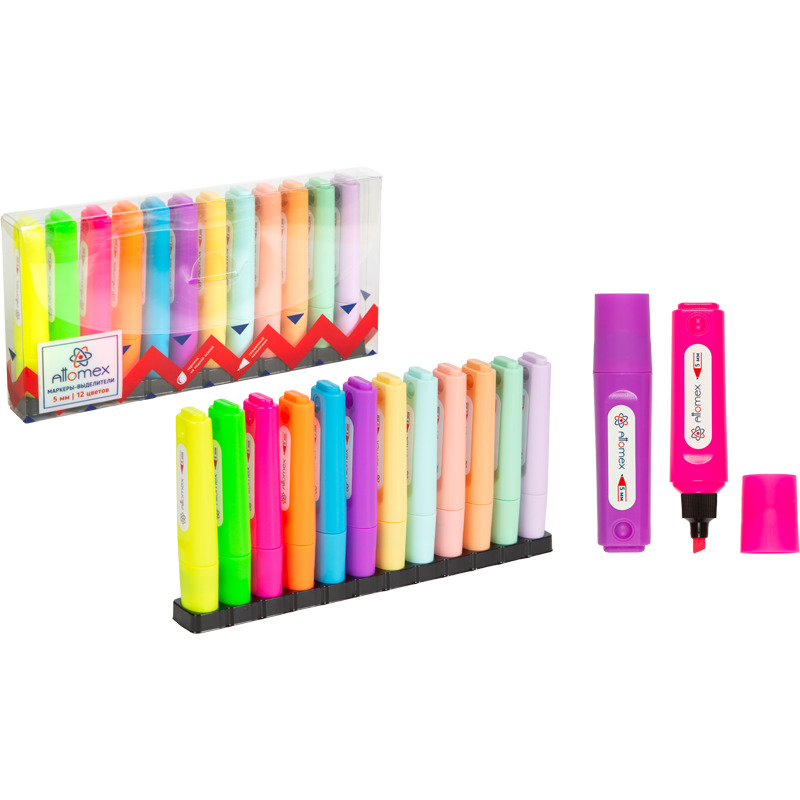 Набор текстовыделителей "Attomex" 12 цв., 1-5мм, плоск.корпус